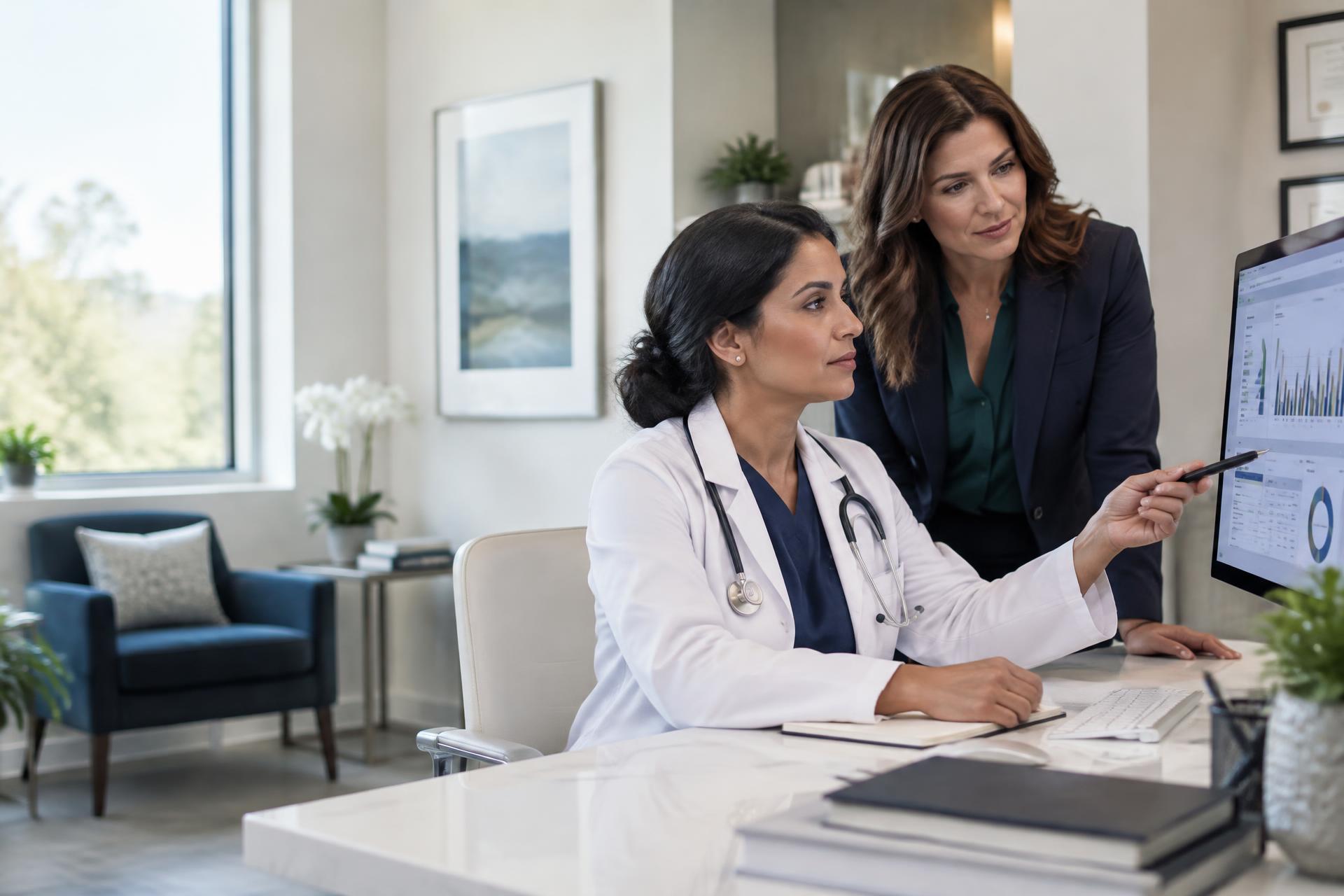 Physician and healthcare administrator reviewing revenue analytics